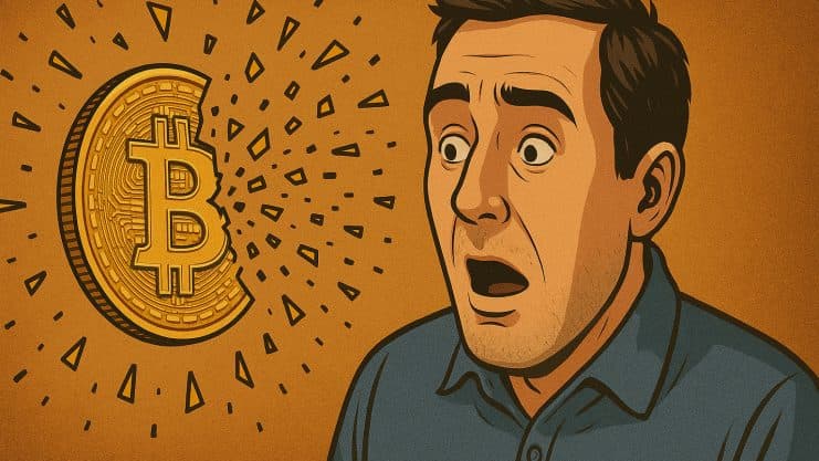 Ein abgebildeter Mann sieht schockiert aus, als eine große Bitcoin-Münze neben ihm zerbricht und Fragmente auf einem braunen Hintergrund nach außen schleudert – ein Hinweis auf die Marktvolatilität von Coinbase.