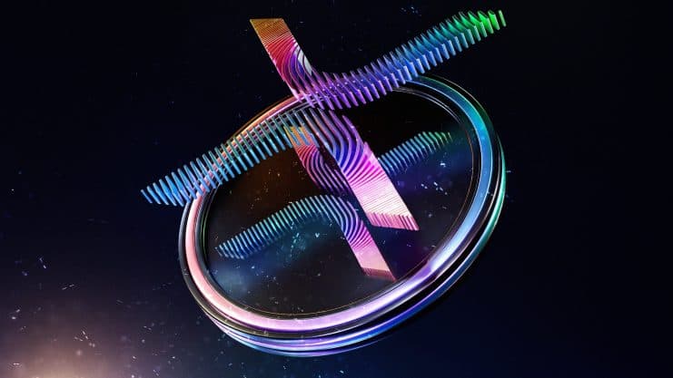 Eine farbenfrohe, abstrakte 3D-Form mit sich kreuzenden Ringen und gerippten Balken schwebt vor einem dunklen Hintergrund und erinnert an den dynamischen Fluss von XRP inmitten verstreuter Lichtpunkte.